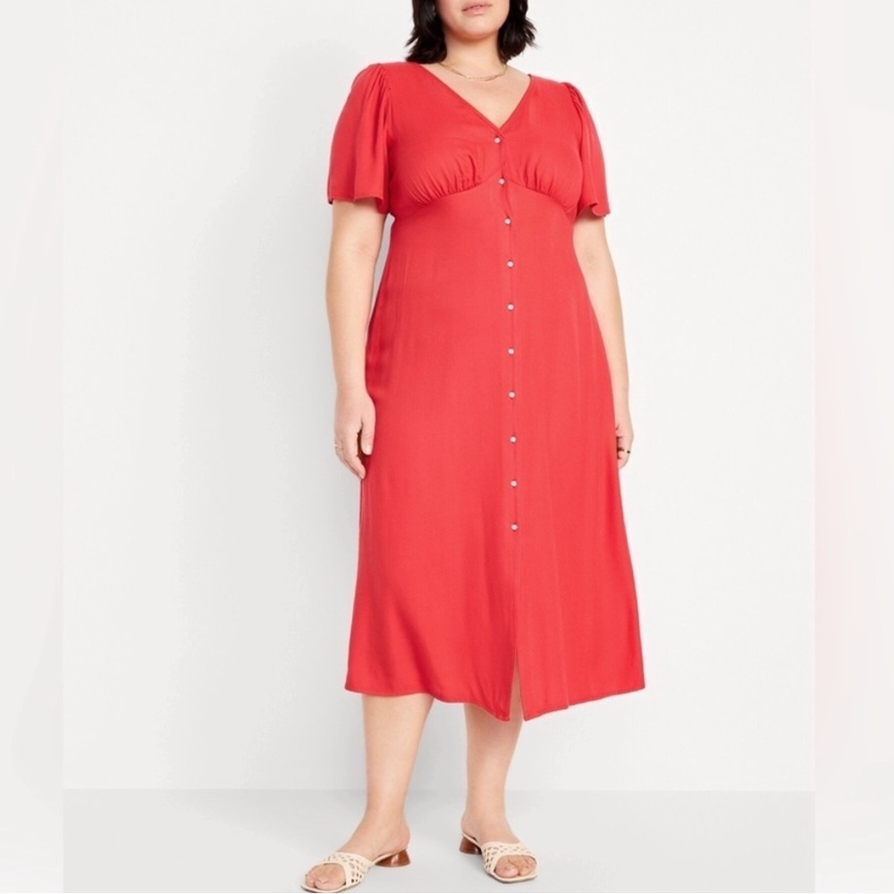 Old Navy Midi Dress Red Medium Button Front V Neck